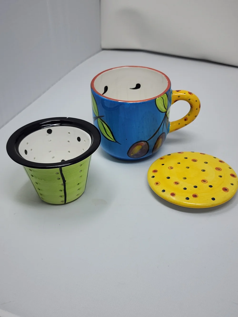 Hand-Painted Ceramic Tea Mug with Infuser and Lid - Blue & Yellow